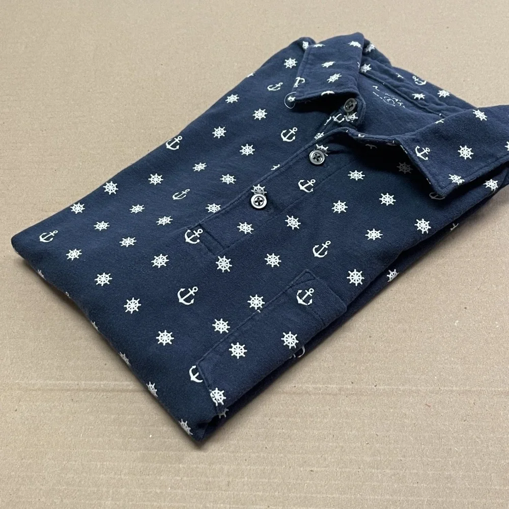 J Crew Men's Large Knit Polo Allover Navy Nautical Print Preppy Pocket‎